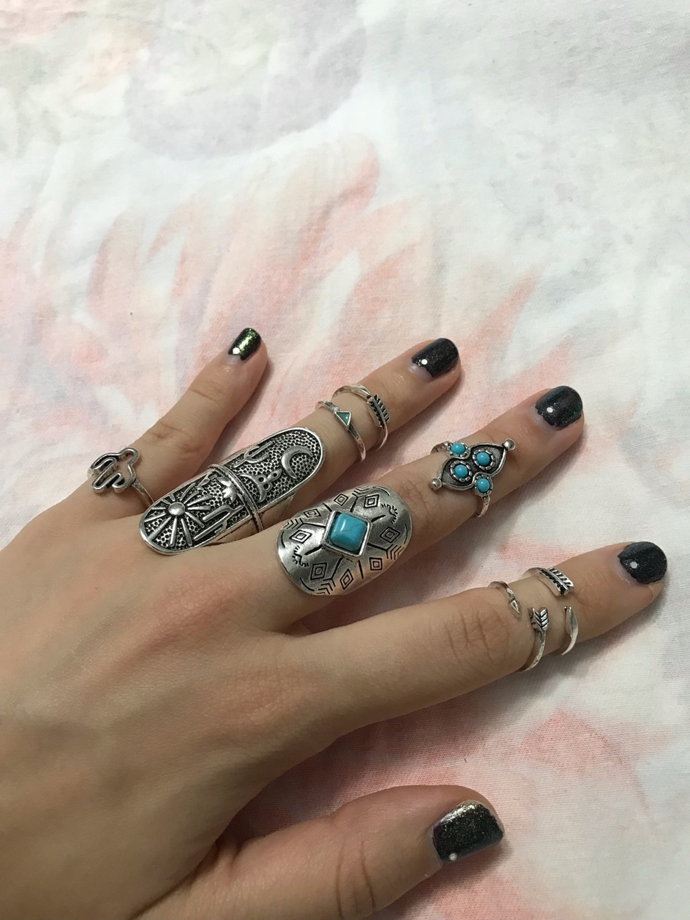 Silver Tone Dessert Blue Turquoise Ring Lot 8 pieces